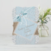 Baby Shower Rustic Blauwe Strik Parel Kant Jute Kaart (Staand voorkant)