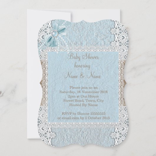 Baby shower Rustic Blue Bow Pearl Lace Burlap Kaart (Achterkant)