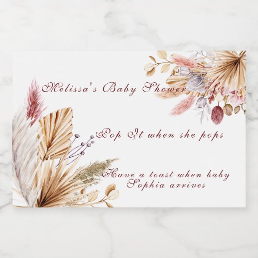 Baby shower Rustic Boho Pampas Grass Sparkling Wijnetiket (Enkel label)