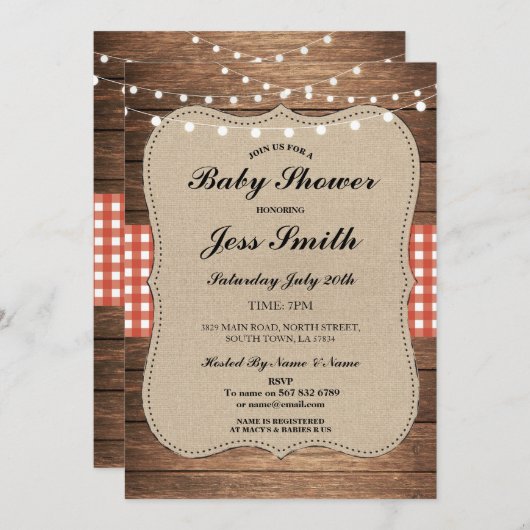 baby shower Rustic Burlap Red Wood BBQ Uitnodigen Kaart (Voorkant / Achterkant)