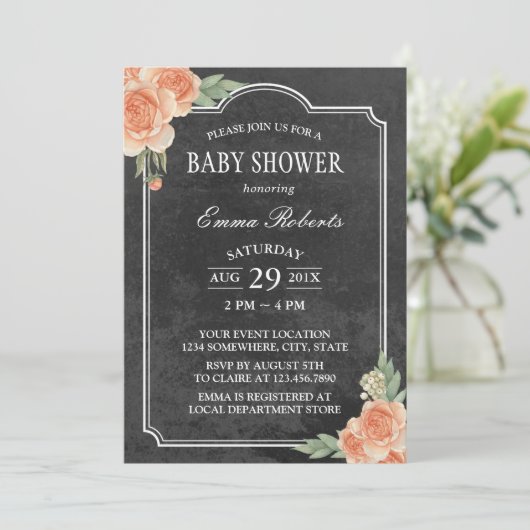 Baby shower Rustic Chalkboard  Floral Kaart (Staand voorkant)