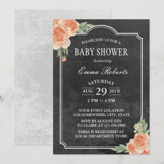 Baby shower Rustic Chalkboard Floral Kaart (Voorkant / Achterkant)