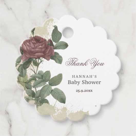Baby Shower Rustic Florale Moderne Burgundy Gouden Bedankjes Labels (Voorkant)