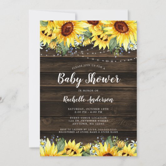 Baby shower "Rustic Sunflower Floral String Lights Kaart (Voorkant)
