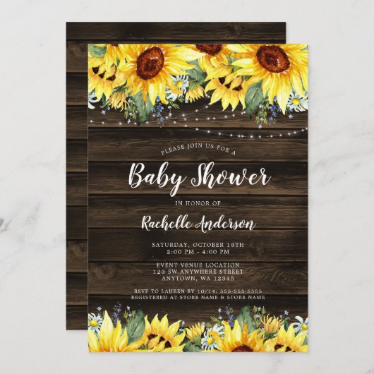 Baby shower "Rustic Sunflower Floral String Lights Kaart (Voorkant / Achterkant)