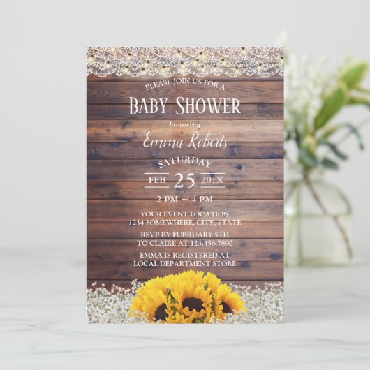 Baby shower "Rustic Sunflower Floral String Lights Kaart (Staand voorkant)