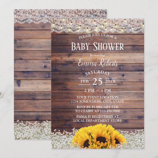 Baby shower "Rustic Sunflower Floral String Lights Kaart (Voorkant / Achterkant)