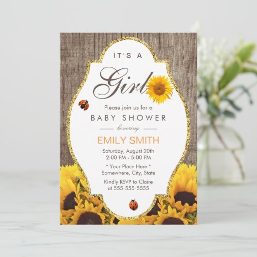 Baby shower Rustic Sunflower Ladybug Country Girl Kaart (Staand voorkant)