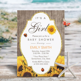 Baby shower Rustic Sunflower Ladybug Country Girl Kaart