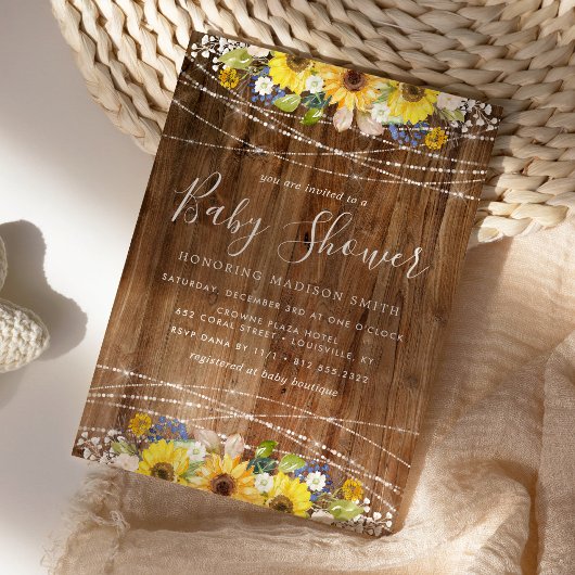 Baby shower Rustic Sunflower String Lights Kaart