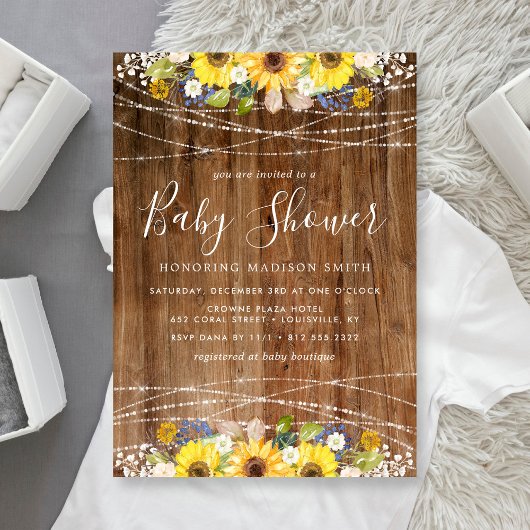 Baby shower Rustic Sunflower String Lights Kaart