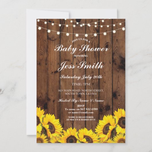 baby shower Rustic Sunflower Wood Party Invite Kaart (Voorkant)