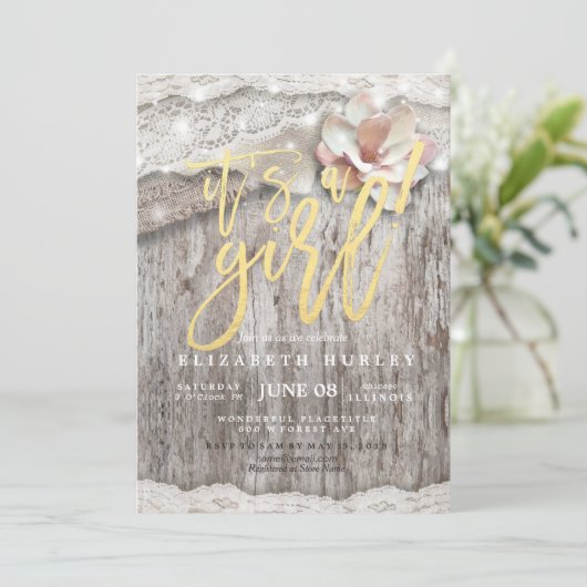 Baby shower Rustic Wood Burlap Lace String Lights Kaart (Staand voorkant)