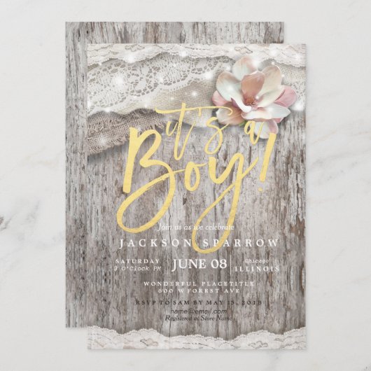 Baby shower Rustic Wood Burlap Lace String Lights Kaart (Voorkant / Achterkant)