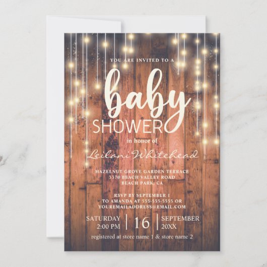 Baby shower Rustic Wood String Lights Kaart (Voorkant)