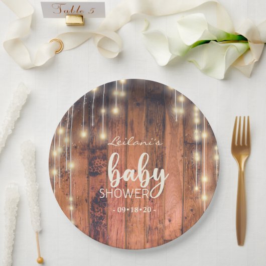 Baby shower Rustic Wood String Lights Papieren Bordje (Huwelijk)