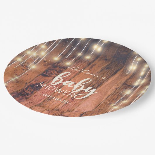 Baby shower Rustic Wood String Lights Papieren Bordje (Gekanteld)