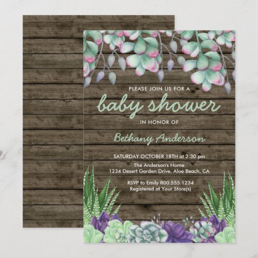 Baby shower Rustiek Hout en Waterverf Succulenten Kaart (Voorkant / Achterkant)