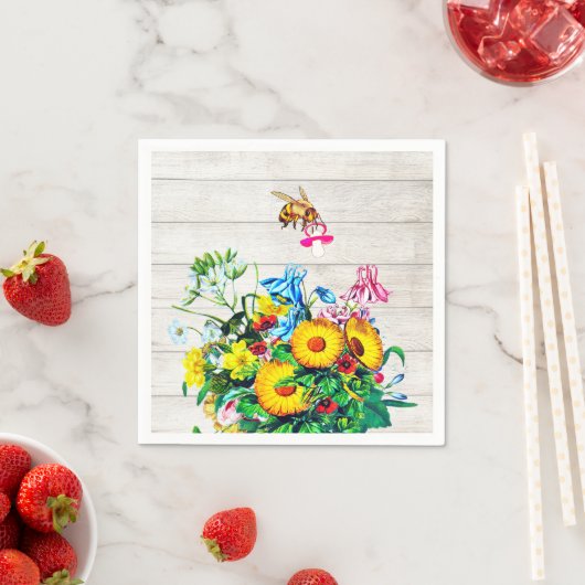 Baby shower rustieke bloemen bijen fopspeen servet (Insitu)