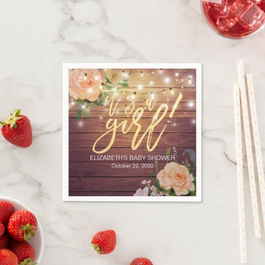 Baby shower Rustige houten peach Floral String Lig Servetten (Insitu)
