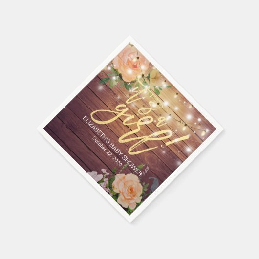 Baby shower Rustige houten peach Floral String Lig Servetten (Hoek)