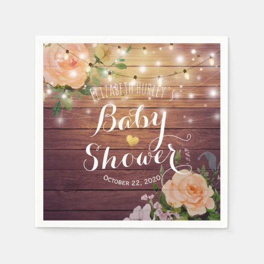 Baby shower Rustige houten peach Floral String Lig Servetten (Voorkant)