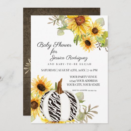 Baby shower Rustische zonnebloem Zebra Pumpkin Kaart (Voorkant / Achterkant)