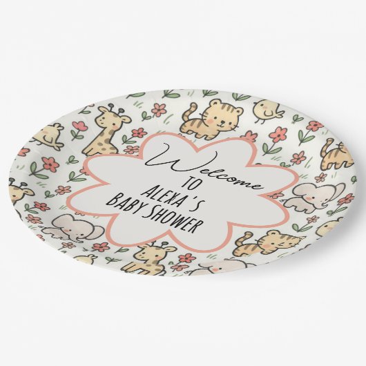 Baby shower Safari Dier met Bloemen Papieren Bordje (Gekanteld)
