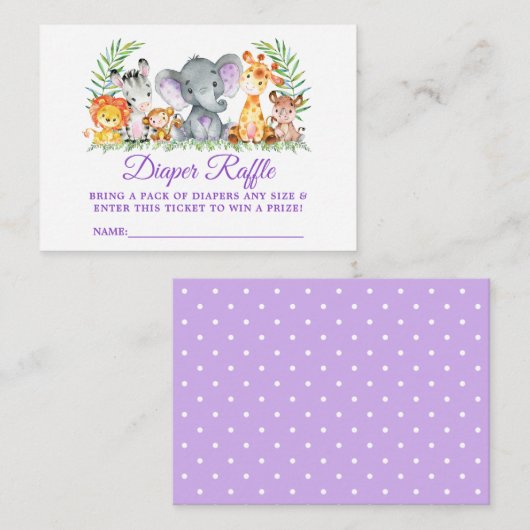 Baby shower Safari Dieren Luier Raffle Paarse Informatiekaartje (Voorkant / Achterkant)