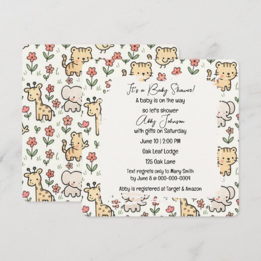 Baby shower safaridieren met bloemen kaart (Voorkant / Achterkant)