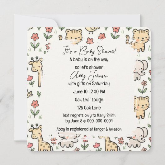Baby shower safaridieren met bloemen kaart (Voorkant)