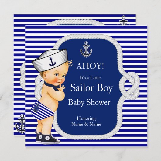 Baby shower Sailor Boy Blue Stripe Blonde Kaart (Voorkant / Achterkant)