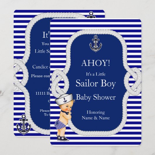 Baby shower Sailor Boy Blue Stripe Blonde Kaart (Voorkant / Achterkant)
