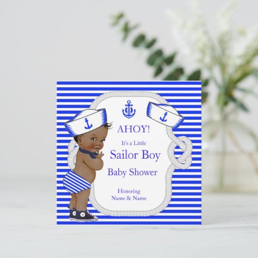 Baby shower Sailor Boy Royal Blue Stripe Ethnic Kaart (Staand voorkant)