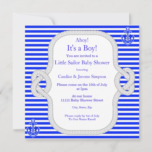 Baby shower Sailor Boy Royal Blue Stripe Ethnic Kaart (Achterkant)