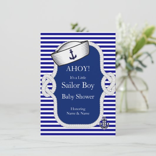 Baby shower Sailor Pet Boy Blue Stripe Kaart (Staand voorkant)
