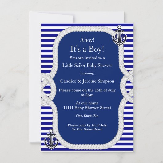 Baby shower Sailor Pet Boy Blue Stripe Kaart (Achterkant)