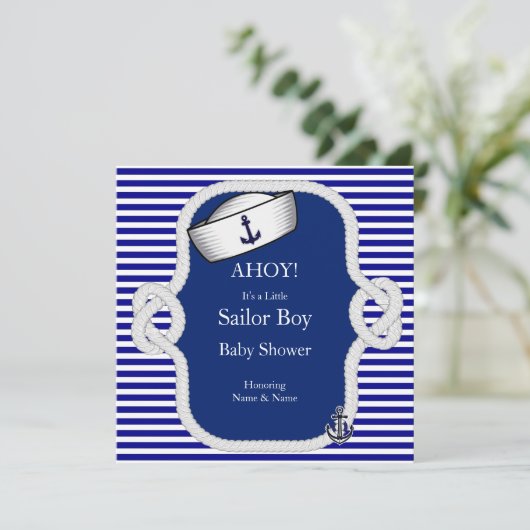 Baby shower Sailor Pet Boy Blue Stripe Kaart (Staand voorkant)