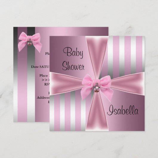 Baby shower Satin Pink Silver Stripe Bow Kaart (Voorkant / Achterkant)
