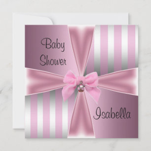 Baby shower  Satin Pink Silver Stripe Bow Kaart