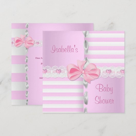 Baby shower  Satin Pink White Stripe Bow Kaart (Voorkant / Achterkant)