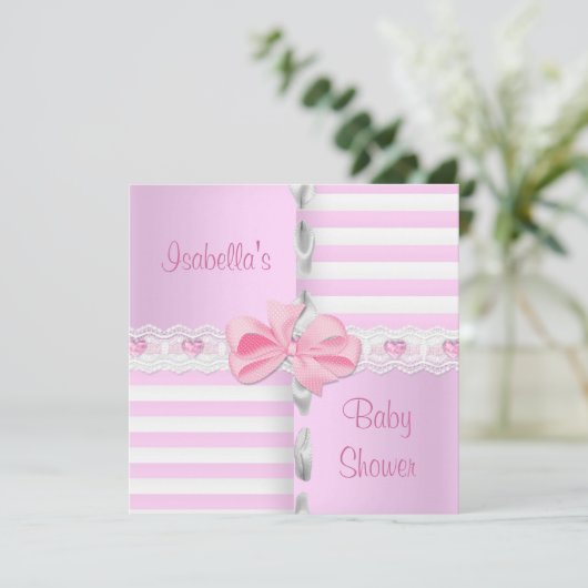 Baby shower  Satin Pink White Stripe Bow Kaart (Staand voorkant)