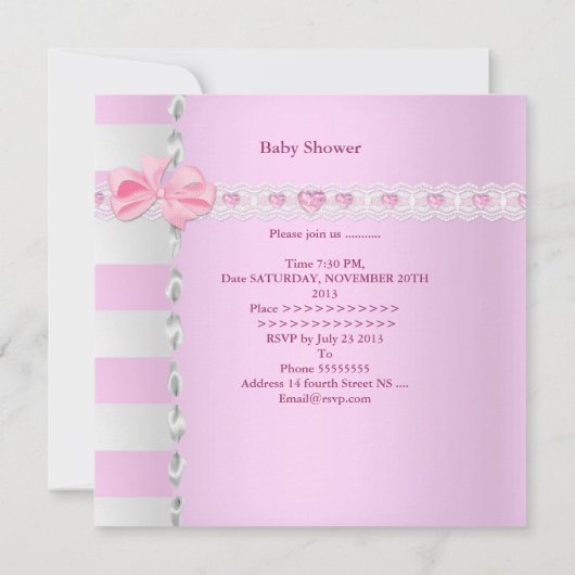Baby shower Satin Pink White Stripe Bow Kaart (Achterkant)