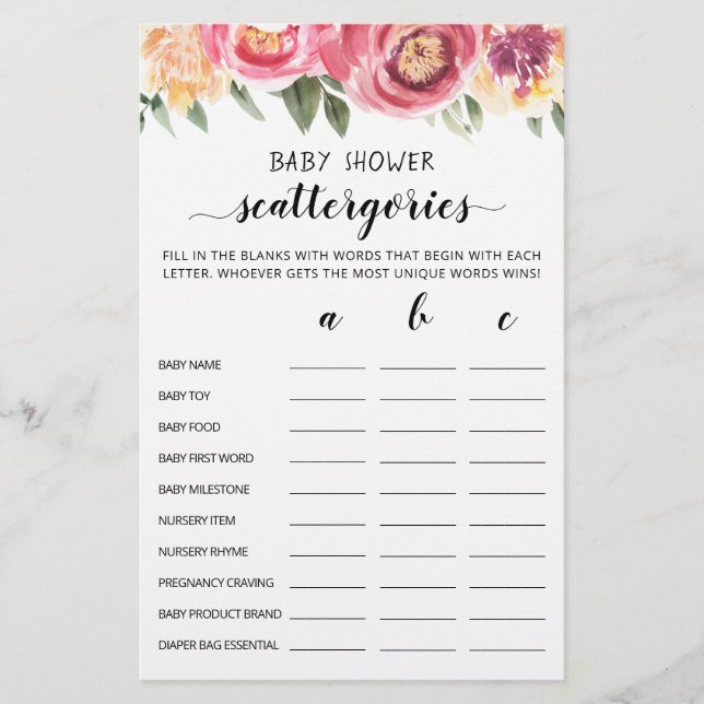 Baby shower Scattergories partij editable game (Voorkant)