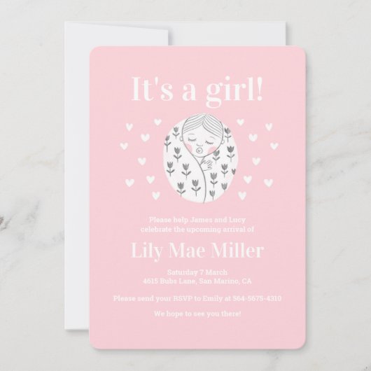 Baby shower schatje bloesem maakt roze tekening  kaart (Voorkant)