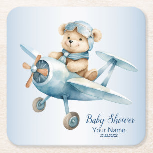 Baby shower Schattige Baby Beer Pilot Blue Airplan Kartonnen Onderzetters