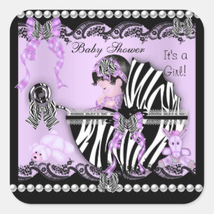 Baby Shower Schattige Baby Meisje Lila Zebra Kant Vierkante Sticker