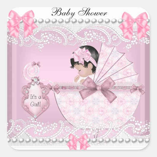  Baby shower Schattige Baby Meisje Roze Kant Vierkante Sticker (Voorkant)