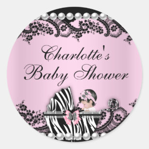 Baby Shower Schattige Baby Meisje Roze Zebra Kant Ronde Sticker