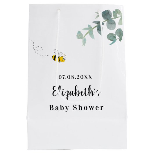 Baby shower schattige bijen eucalyptusgroen wit medium cadeauzakje (Achterkant)
